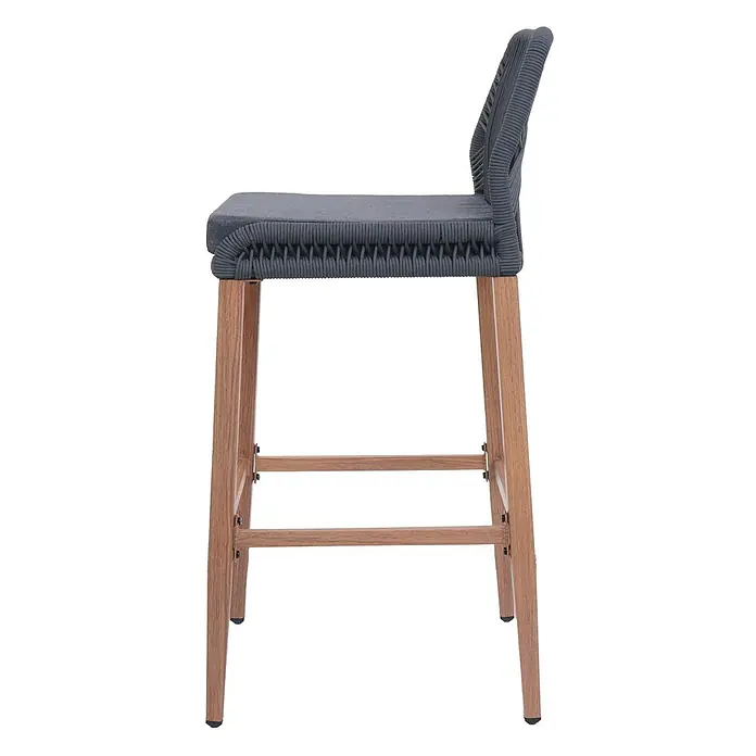 Proregal Garten-Barhocker 2er-Set - Anthrazit, B x T x H: 45 x 50 x 101 cm - Grauer Barhocker aus geflochtenem Seil mit Rückenlehne und hellen Holzbeinen.