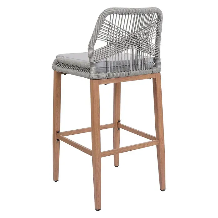 Proregal Garten-Barhocker 2er-Set - Hellgrau, B x T x H: 45 x 50 x 101 cm - Barhocker aus grauem Seilgeflecht mit Holzbeinen und grauem Kissen.