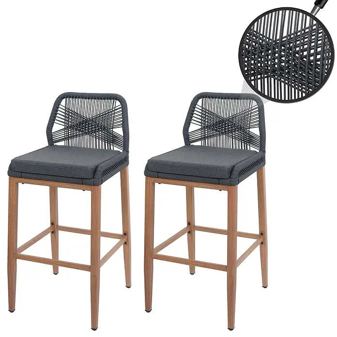 Proregal Garten-Barhocker 2er-Set - Anthrazit, B x T x H: 45 x 50 x 101 cm - Zwei moderne Barhocker mit dunkelgrauem Seilgeflecht, passenden Sitzkissen und hellen Holzbeinen.