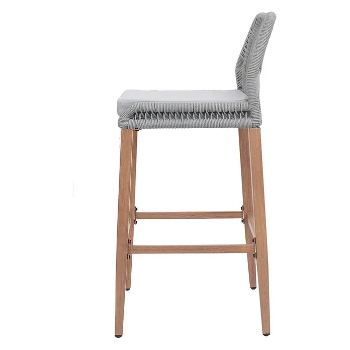 Proregal Garten-Barhocker 2er-Set - Hellgrau, B x T x H: 45 x 50 x 101 cm - Hellgrauer Barhocker aus geflochtenem Seil mit hellem Holzrahmen und Kissen, Seitenansicht.