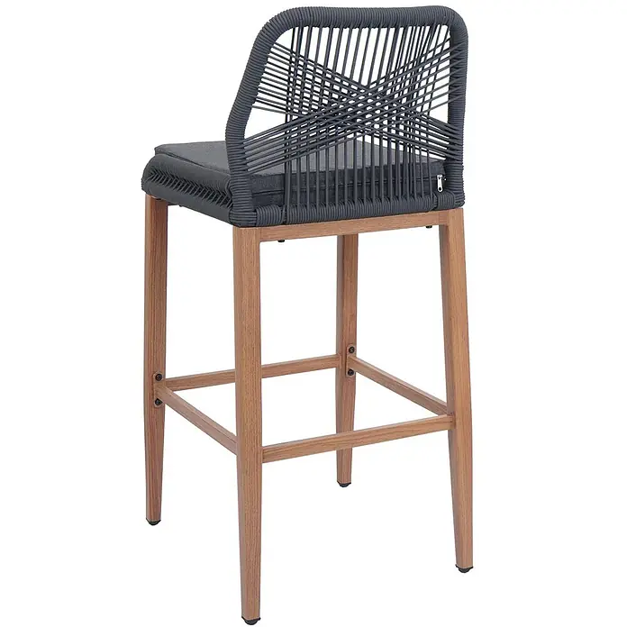 Proregal Garten-Barhocker 2er-Set - Anthrazit, B x T x H: 45 x 50 x 101 cm - Barhocker aus dunkelgrauem Seilgeflecht mit Kissen und hellen Holzbeinen.