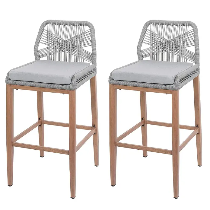 Proregal Garten-Barhocker 2er-Set - Hellgrau, B x T x H: 45 x 50 x 101 cm - Zwei graue Barhocker aus Seilgeflecht und Holz mit grauen Kissen.