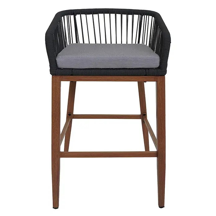 Proregal Garten-Barhocker 2er-Set - Anthrazit, B x T x H: 51 x 53 x 92 cm - Barhocker mit schwarzem geflochtenem Seilsitz/-rücken, grauem Kissen und Holzbeinen.