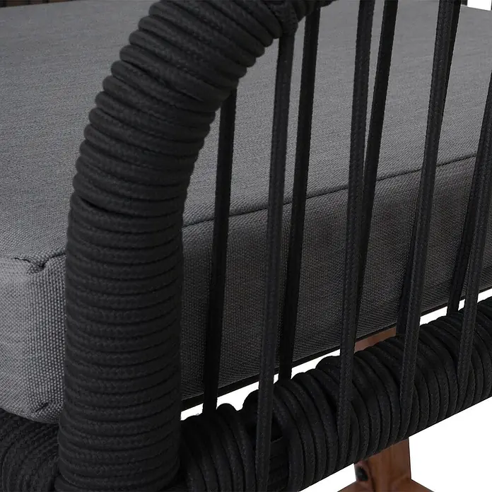 Proregal Garten-Barhocker 2er-Set - Anthrazit, B x T x H: 51 x 53 x 92 cm - Nahaufnahme eines Stuhls mit schwarzen Seildetails und einem grauen Stoffkissen.