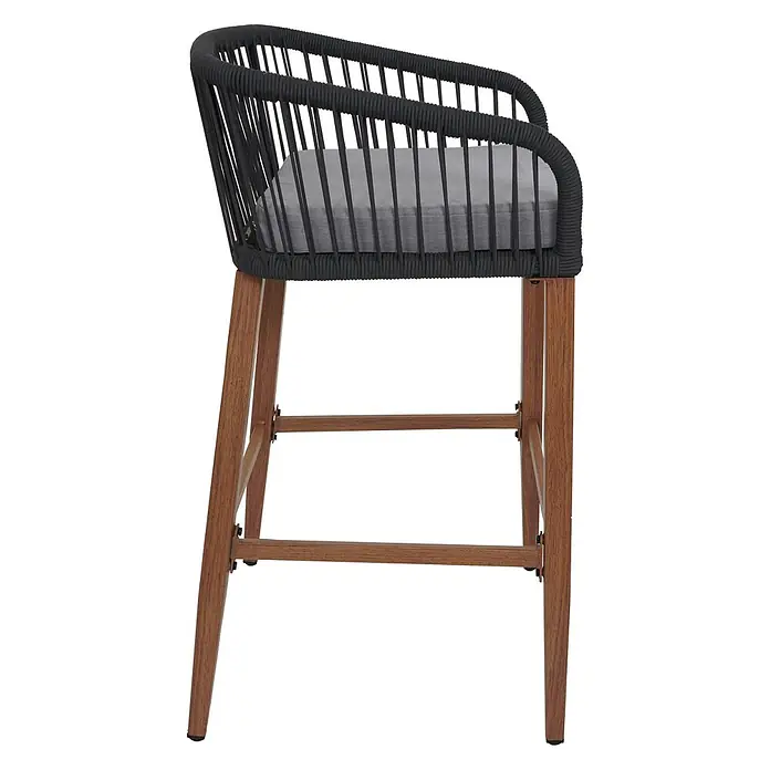 Proregal Garten-Barhocker 2er-Set - Anthrazit, B x T x H: 51 x 53 x 92 cm - Barhocker mit schwarzem geflochtenen Seilsitz, Armlehnen, grauem Kissen und Holzbeinen.