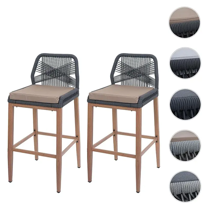 Proregal Garten-Barhocker 2er-Set - Hellgrau, B x T x H: 45 x 50 x 101 cm - Zwei dunkelgraue Barhocker aus Seilgeflecht mit hellbraunen Holzbeinen und Polstern.