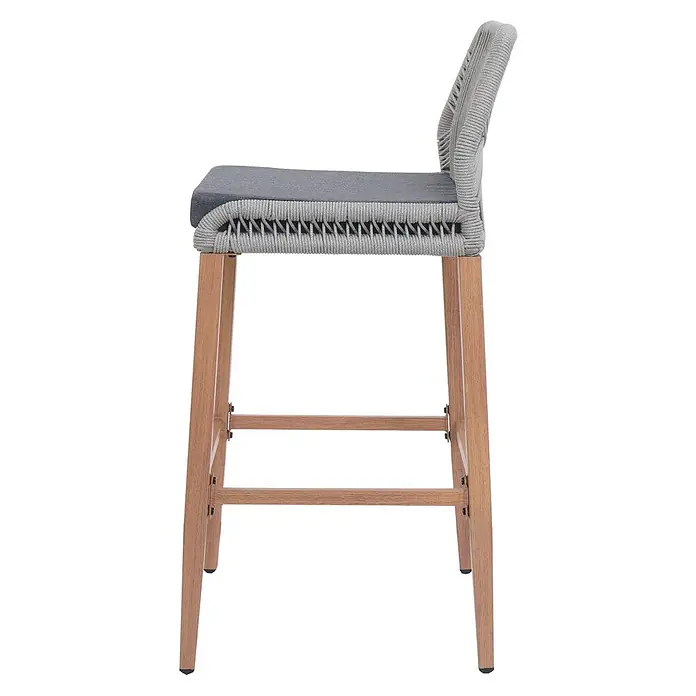Proregal Garten-Barhocker 2er-Set - Hellgrau, B x T x H: 45 x 50 x 101 cm - Barhocker aus grauem Flechtseil mit Stoffkissen und hellen Holzbeinen.