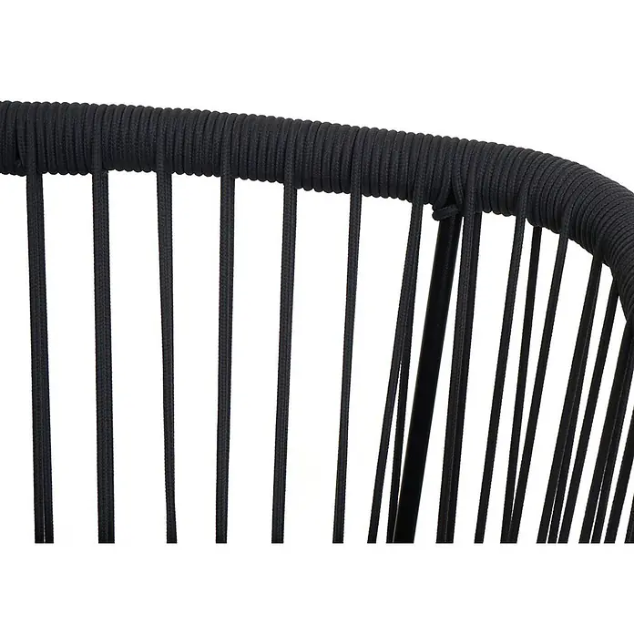 Proregal Garten-Barhocker 2er-Set - Anthrazit, B x T x H: 51 x 53 x 92 cm - Nahaufnahme der schwarzen Stuhllehne mit vertikalen schwarzen Seilen und horizontal umwickeltem Rahmen.