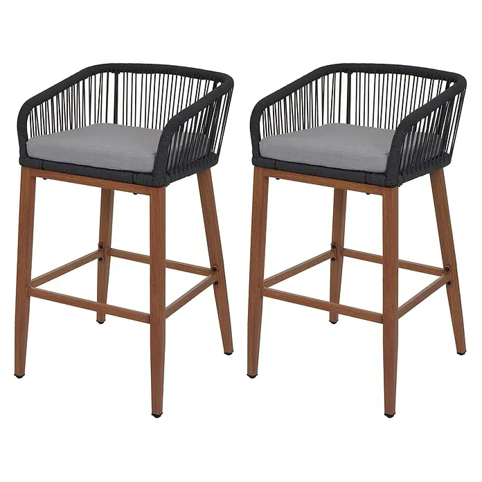 Proregal Garten-Barhocker 2er-Set - Anthrazit, B x T x H: 51 x 53 x 92 cm - Zwei moderne Barhocker mit schwarzen geflochtenen Seillehnen, grauen Kissen und braunen Holzbeinen.