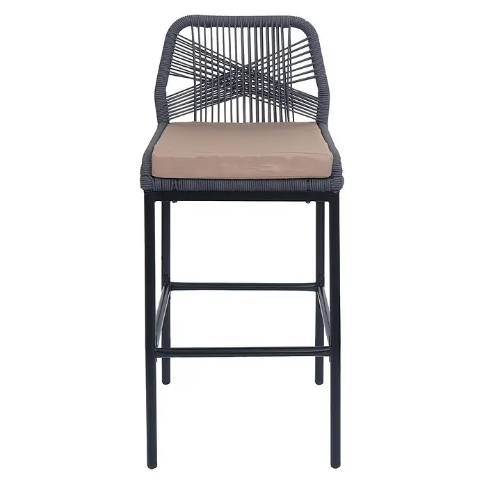 Proregal Garten-Barhocker 2er-Set - Anthrazit, B x T x H: 45 x 52 x 101 cm - Barhocker aus grauem Flechtseil mit beigem Kissen und schwarzem Metallgestell.