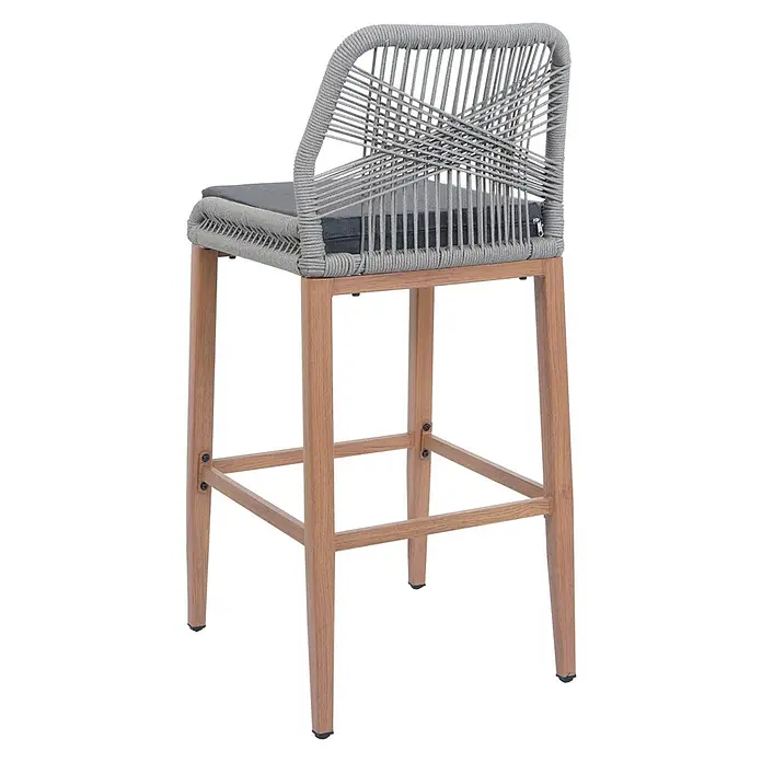 Proregal Garten-Barhocker 2er-Set - Hellgrau, B x T x H: 45 x 50 x 101 cm - Barhocker aus grauem Seilgeflecht mit Holzbeinen und dunklem Kissen.