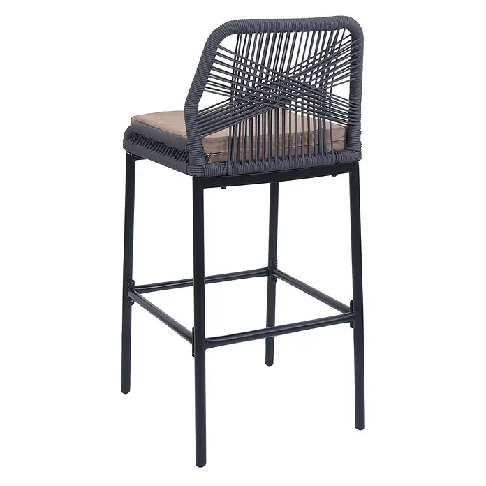 Proregal Garten-Barhocker 2er-Set - Anthrazit, B x T x H: 45 x 52 x 101 cm - Grauer gewebter Barhocker mit beigem Kissen und schwarzem Metallgestell.
