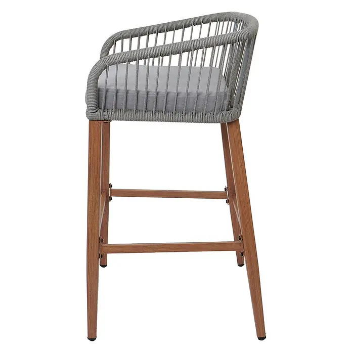 Proregal Garten-Barhocker 2er-Set - Hellgrau, B x T x H: 51 x 53 x 92 cm - Barhocker aus grauem Seilgeflecht mit passendem Kissen und Holzbeinen.