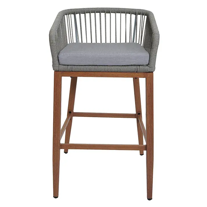 Proregal Garten-Barhocker 2er-Set - Hellgrau, B x T x H: 51 x 53 x 92 cm - Grauer Barhocker mit geflochtenem Seil und grauem Kissen, Holzbeine.