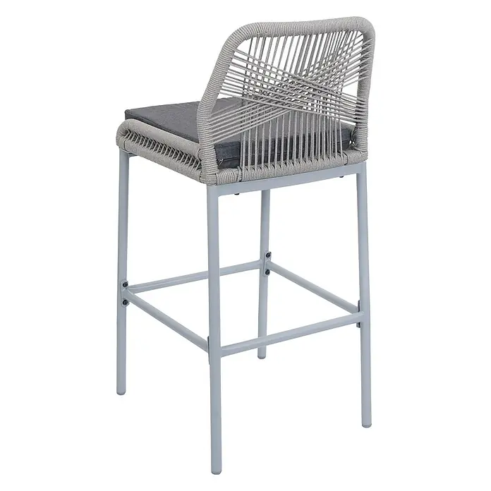 Proregal Garten-Barhocker 2er-Set - Hellgrau, B x T x H: 42 x 52 x 101 cm - Grau geflochtener Barhocker mit dunkelgrauem Kissen und hellgrauem Metallgestell.