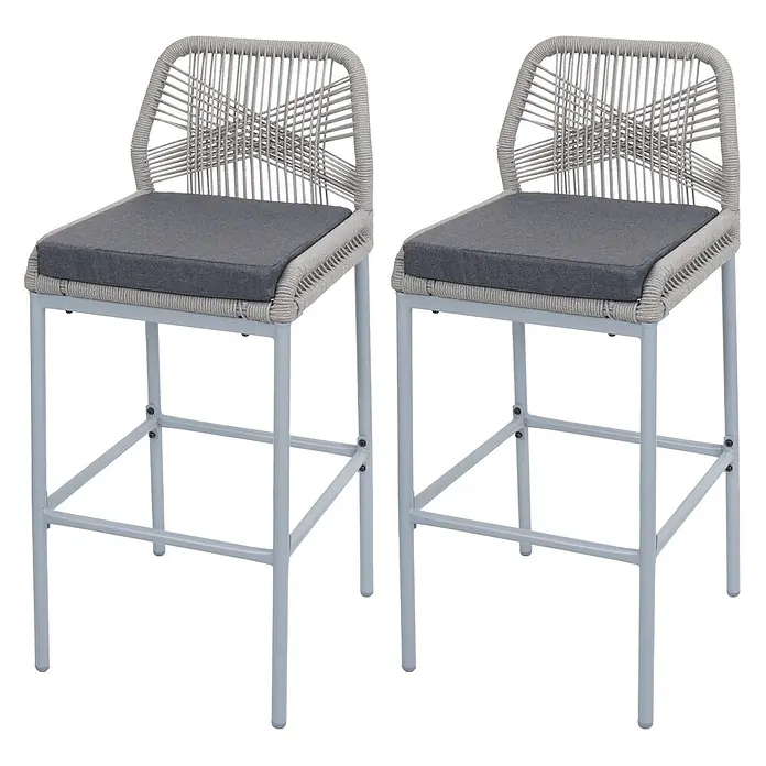 Proregal Garten-Barhocker 2er-Set - Hellgrau, B x T x H: 42 x 52 x 101 cm - Zwei hellgraue Barhocker aus Seilgeflecht mit dunkelgrauen Kissen und Metallgestellen.