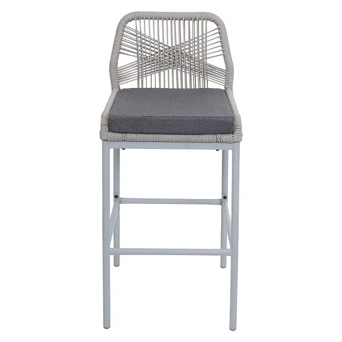 Proregal Garten-Barhocker 2er-Set - Hellgrau, B x T x H: 42 x 52 x 101 cm - Moderner hellgrauer Barhocker aus geflochtenem Seil mit dunkelgrauem Kissen und hellgrauem Metallrahmen.