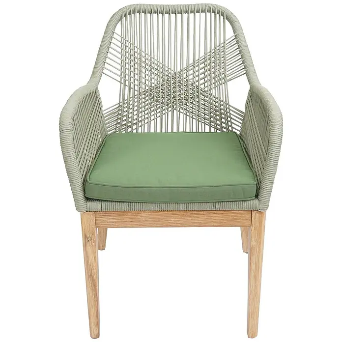 Proregal Gartenstuhl - Grün, B x T x H: 58 x 59 x 85 cm - Heller grün geflochtener Stuhl mit grünem Kissen und Holzbeinen.