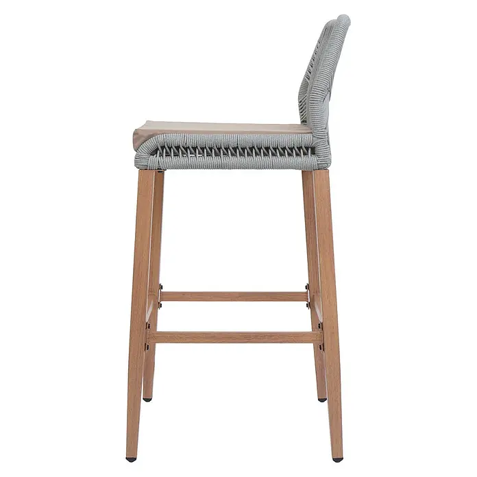 Proregal Garten-Barhocker 2er-Set - Hellgrau, B x T x H: 45 x 50 x 101 cm - Barhocker mit geflochtenem Seilsitz, hellen Holzbeinen und beigem Kissen.