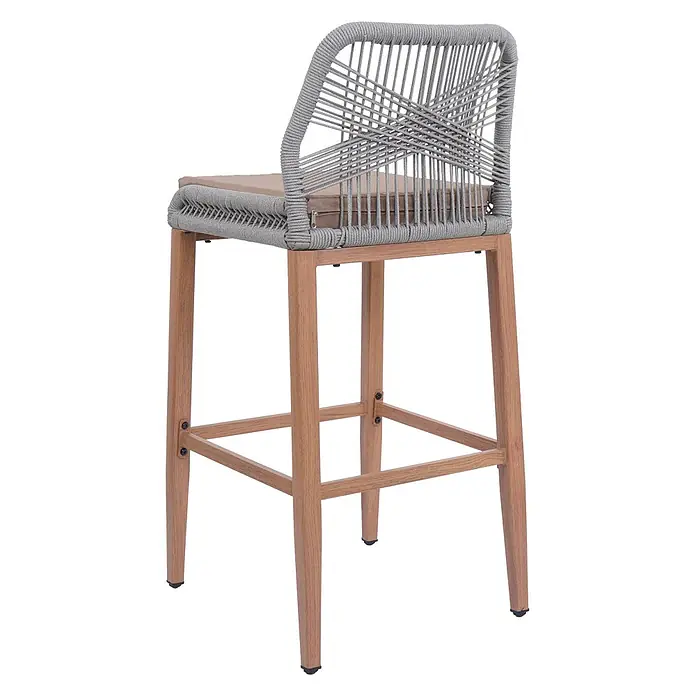 Proregal Garten-Barhocker 2er-Set - Hellgrau, B x T x H: 45 x 50 x 101 cm - Barhocker aus Holz mit grauer geflochtener Seillehne und hellbraunem Kissen.