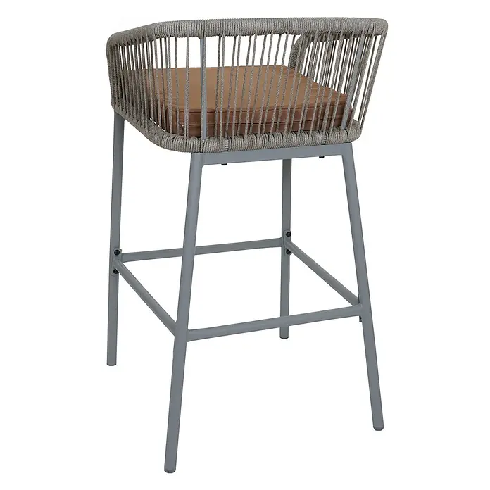 Proregal Garten-Barhocker 2er-Set - Hellgrau, B x T x H: 51 x 53 x 92 cm - Barhocker aus grauem Seilgeflecht mit braunem Kissen und grauem Metallgestell.