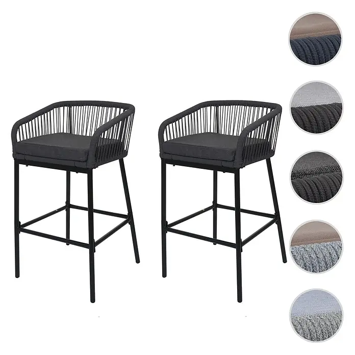 Proregal Garten-Barhocker 2er-Set - Hellgrau, B x T x H: 51 x 53 x 92 cm - Zwei dunkelgraue Barhocker mit geflochtenen Rücken-/Armlehnen, Stoffpolstern und schwarzen Metallgestellen.