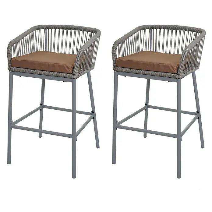 Proregal Garten-Barhocker 2er-Set - Hellgrau, B x T x H: 51 x 53 x 92 cm - Zwei graue Seil-Barhocker mit braunen Kissen und grauen Metallgestellen.