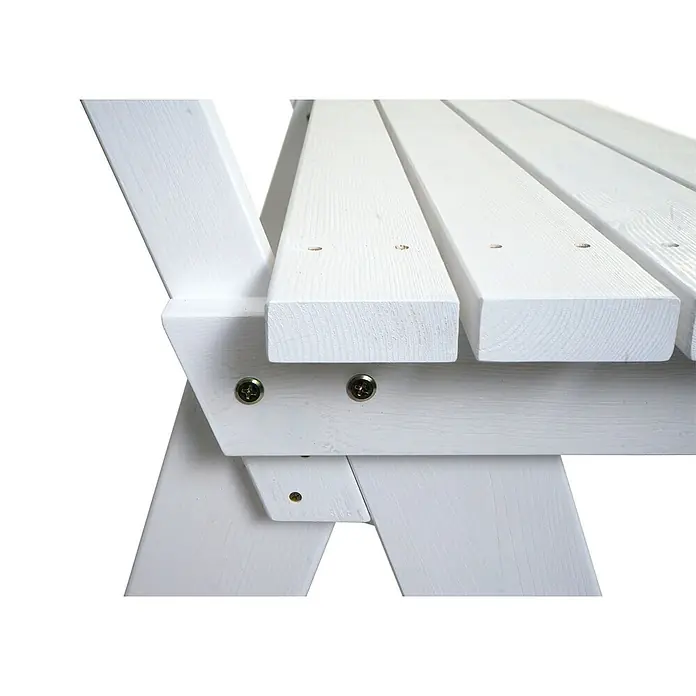 Proregal Gartenbank aus Holz - B x T x H: 148 x 54 x 86 cm, Weiß - Nahaufnahme weiß gestrichener Holzlatten einer Bank, mit Schrauben an einem Stützbein befestigt, Holzmaserung sichtbar.