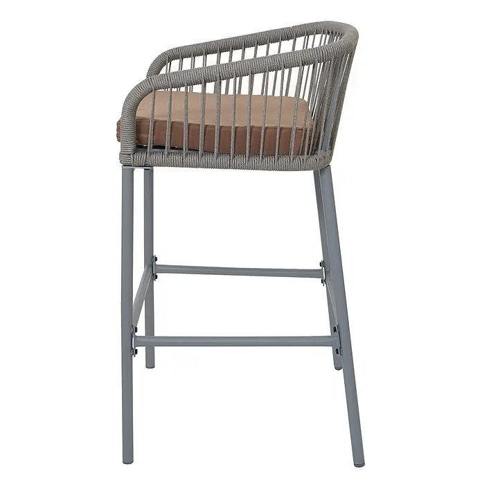 Proregal Garten-Barhocker 2er-Set - Hellgrau, B x T x H: 51 x 53 x 92 cm - Grauer Barhocker mit Seilgeflecht, braunem Kissen und grauen Metallbeinen.