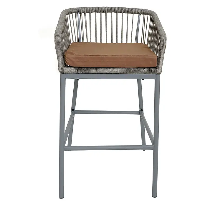 Proregal Garten-Barhocker 2er-Set - Hellgrau, B x T x H: 51 x 53 x 92 cm - Grauer Barhocker mit geflochtener Seil-Sitzfläche, braunem Kissen und grauem Metallgestell.