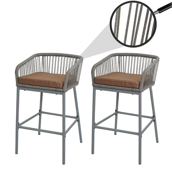 Proregal Garten-Barhocker 2er-Set - Hellgrau, B x T x H: 51 x 53 x 92 cm - Zwei graue geflochtene Barhocker mit braunen Kissen und Metallgestellen. Detail zeigt Seiltextur.