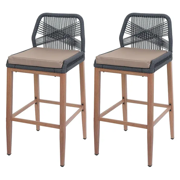Proregal Garten-Barhocker 2er-Set - Anthrazit, B x T x H: 45 x 50 x 101 cm - Zwei Barhocker mit grauer geflochtener Seil-Rückenlehne, hellbraunen Sitzkissen und Holzbeinen.