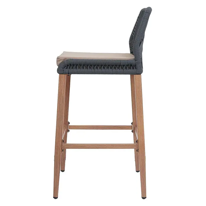 Proregal Garten-Barhocker 2er-Set - Anthrazit, B x T x H: 45 x 50 x 101 cm - Moderner Barhocker mit dunkelgrauer geflochtener Seil-Sitzfläche und Rückenlehne, hellbraunem Kissen und hellen Holzbeinen.