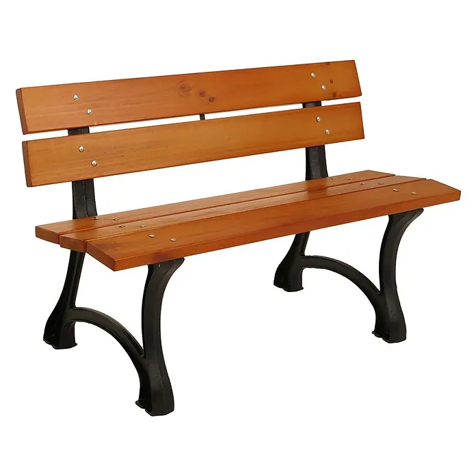 Proregal Gartenbank aus Holz - Teak - Eine braune Holzlattenbank mit schwarzem Metallgestell.