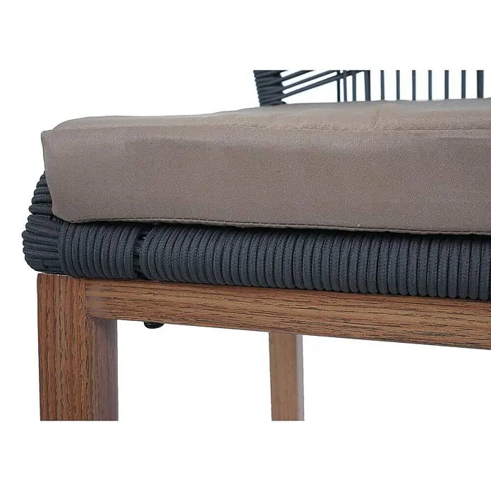 Proregal Garten-Barhocker 2er-Set - Anthrazit, B x T x H: 45 x 50 x 101 cm - Taupe-Sitzkissen auf dunkelgrauem geflochtenem Seil und hellbraunem Holzstuhlrahmen.