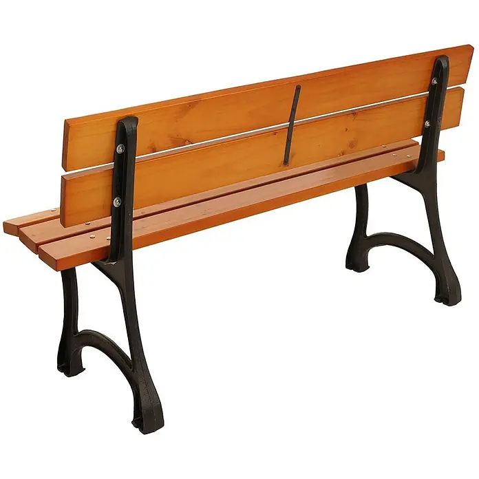 Proregal Gartenbank aus Holz - Teak - Outdoor-Sitzbank mit hellbraunen Holzlatten und schwarzen Gusseisenbeinen und Rückenlehnenstützen.