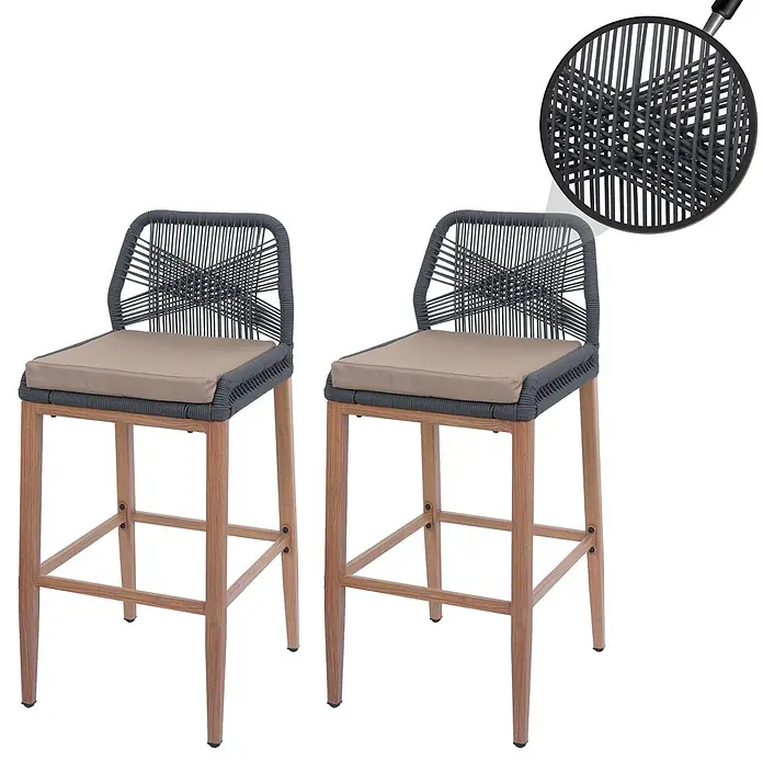 Proregal Garten-Barhocker 2er-Set - Anthrazit, B x T x H: 45 x 50 x 101 cm - Zwei moderne Barhocker mit hellen Holzbeinen, dunkelgrauem geflochtenem Seil und beigen Kissen.
