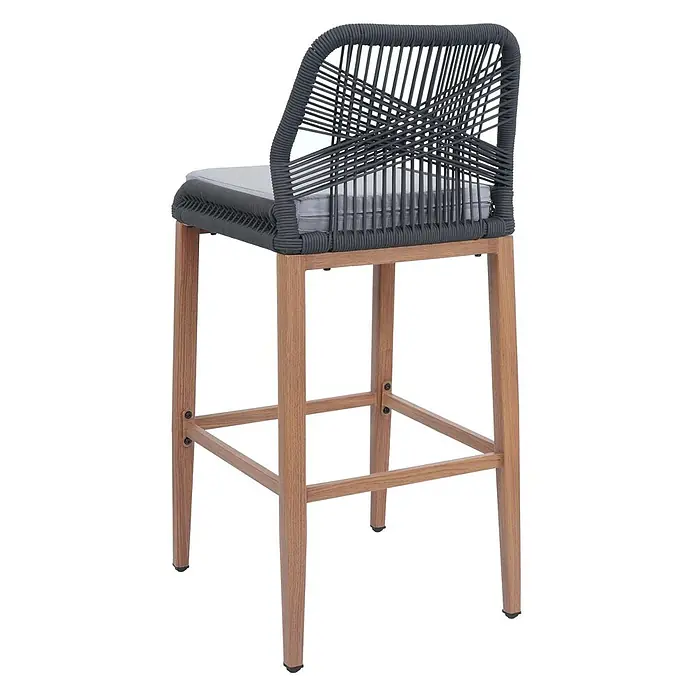 Proregal Garten-Barhocker 2er-Set - Anthrazit, B x T x H: 45 x 50 x 101 cm - Dunkelgrauer geflochtener Barhocker mit hellgrauem Kissen und Naturholzgestell.