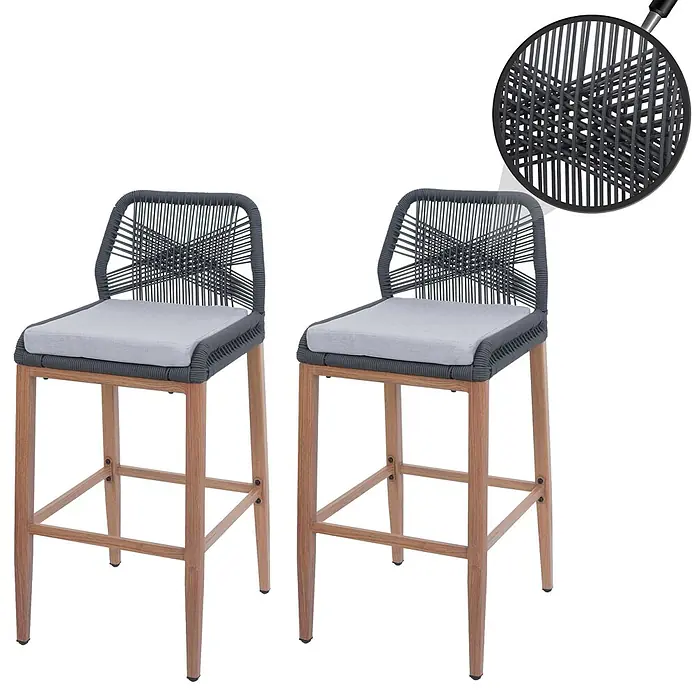 Proregal Garten-Barhocker 2er-Set - Anthrazit, B x T x H: 45 x 50 x 101 cm - Zwei dunkelgraue Seil-Barhocker mit hellgrauen Kissen und Holzbeinen.
