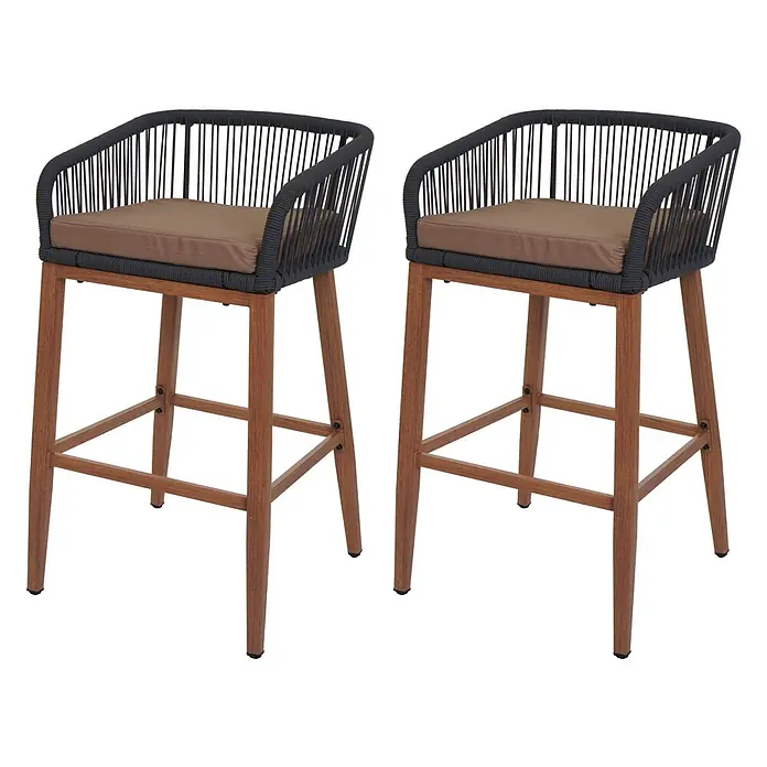 Proregal Garten-Barhocker 2er-Set - 2 Stk., Anthrazit - Zwei Barhocker mit dunkelgrauen geflochtenen Seilsitzen, braunen Kissen und Holzbeinen.