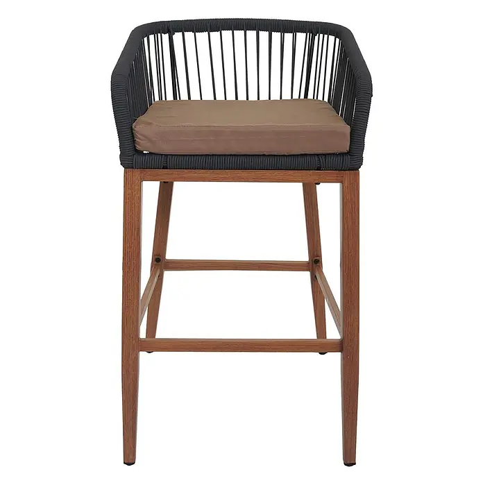 Proregal Garten-Barhocker 2er-Set - 2 Stk., Anthrazit - Dunkelgrauer Barhocker aus Seilgeflecht mit braunem Kissen und Holzbeinen.