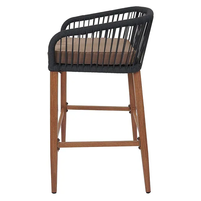 Proregal Garten-Barhocker 2er-Set - 2 Stk., Anthrazit - Barhocker mit dunkelgrauem Seilgeflecht, beigem Kissen und Holzbeinen.