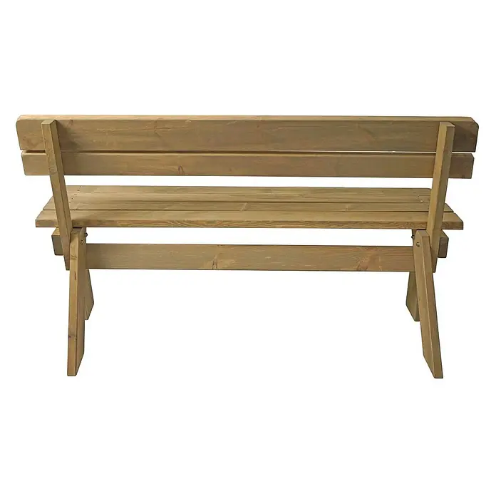 Proregal Gartenbank aus Holz - B x T x H: 148 x 54 x 86 cm, Natur - Eine hellbraune Holzgartenbank mit Lattenrückenlehne und -sitz, von hinten gesehen.
