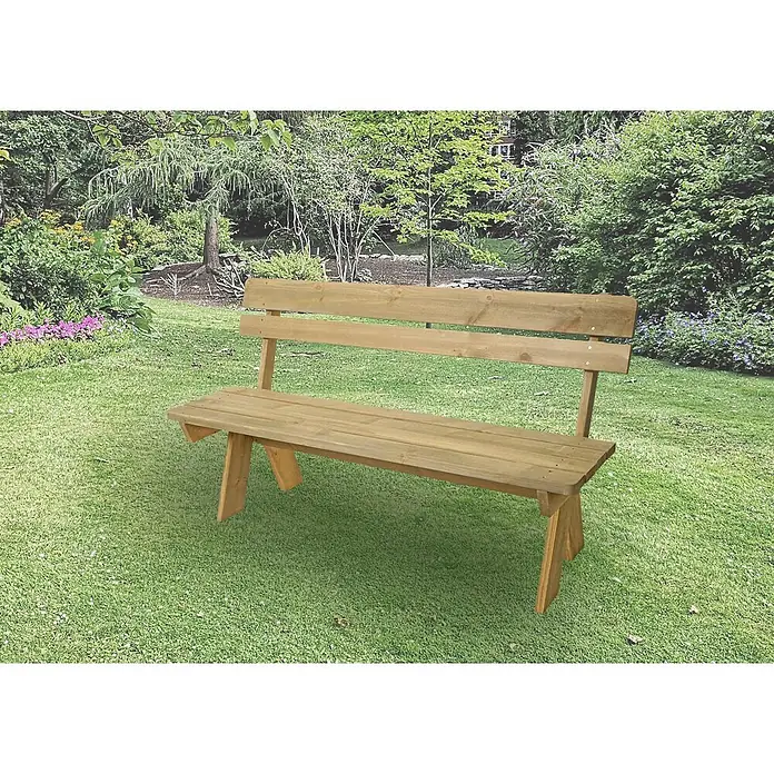 Proregal Gartenbank aus Holz - B x T x H: 148 x 54 x 86 cm, Natur - Hellbraune Holzgartenbank mit Rückenlehne, auf einem Rasen platziert.