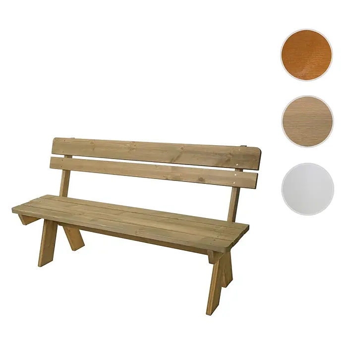 Proregal Gartenbank aus Holz - B x T x H: 148 x 54 x 86 cm, Natur - Gartenbank aus hellgrün imprägniertem Holz mit Rückenlehne, daneben drei runde Materialfarbmuster.