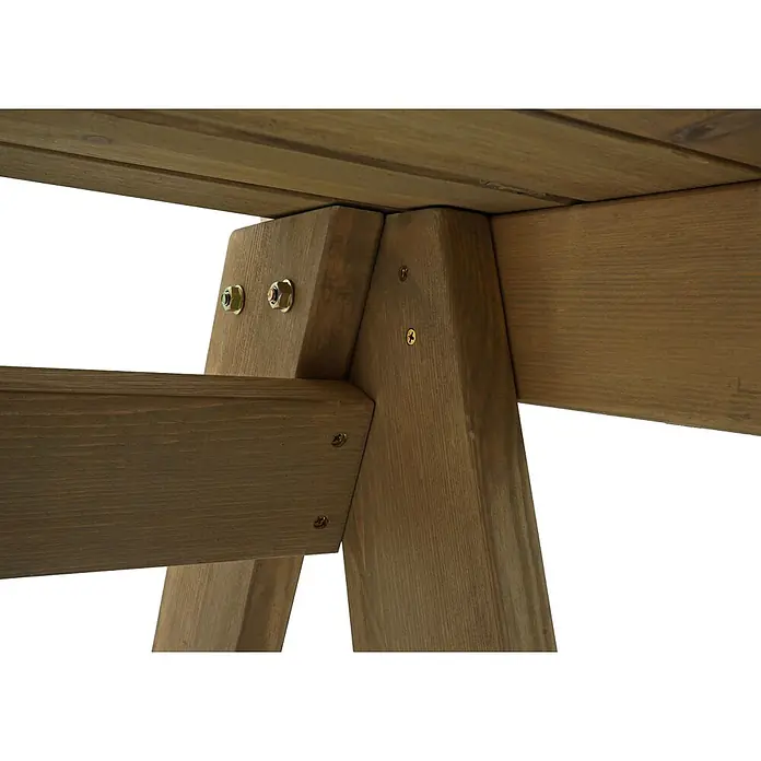 Proregal Gartenbank aus Holz - B x T x H: 148 x 54 x 86 cm, Natur - Unteransicht robuster brauner Holzmöbelkonstruktion mit verbundenen Balken, Brettern, Schrauben und Bolzen.