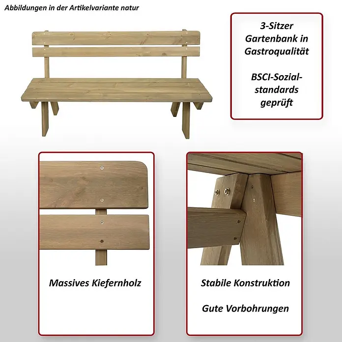 Proregal Gartenbank aus Holz - B x T x H: 148 x 54 x 86 cm, Natur - Natürliche 3-Sitzer Gartenbank aus massivem Kiefernholz mit stabiler Konstruktion.