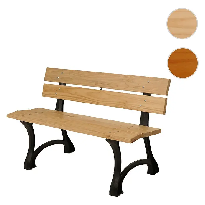 Proregal Gartenbank aus Holz - B x T x H: 125 x 59 x 78 cm, Hellbraun - Parkbank mit hellen Holzlatten und einem schwarzen Metallgestell.