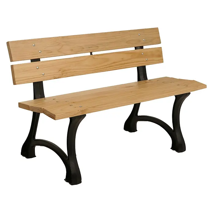 Proregal Gartenbank aus Holz - B x T x H: 125 x 59 x 78 cm, Hellbraun - Eine helle Holzparkbank mit schwarzen Gusseisenbeinen für den Außenbereich.