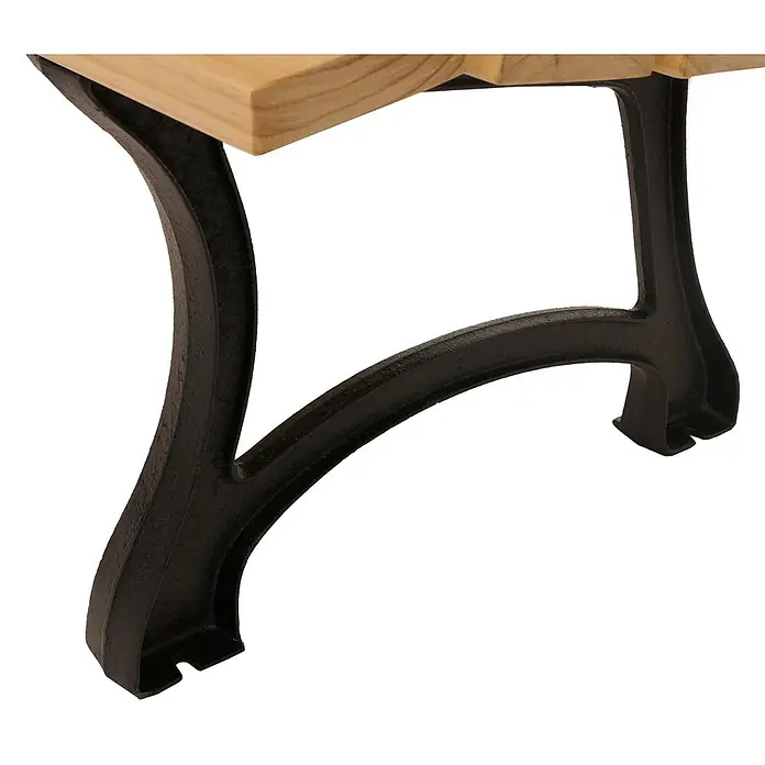 Proregal Gartenbank aus Holz - B x T x H: 125 x 59 x 78 cm, Hellbraun - Geschwungenes schwarzes Gusseisen-Bankbein trägt eine helle Holzplatte.